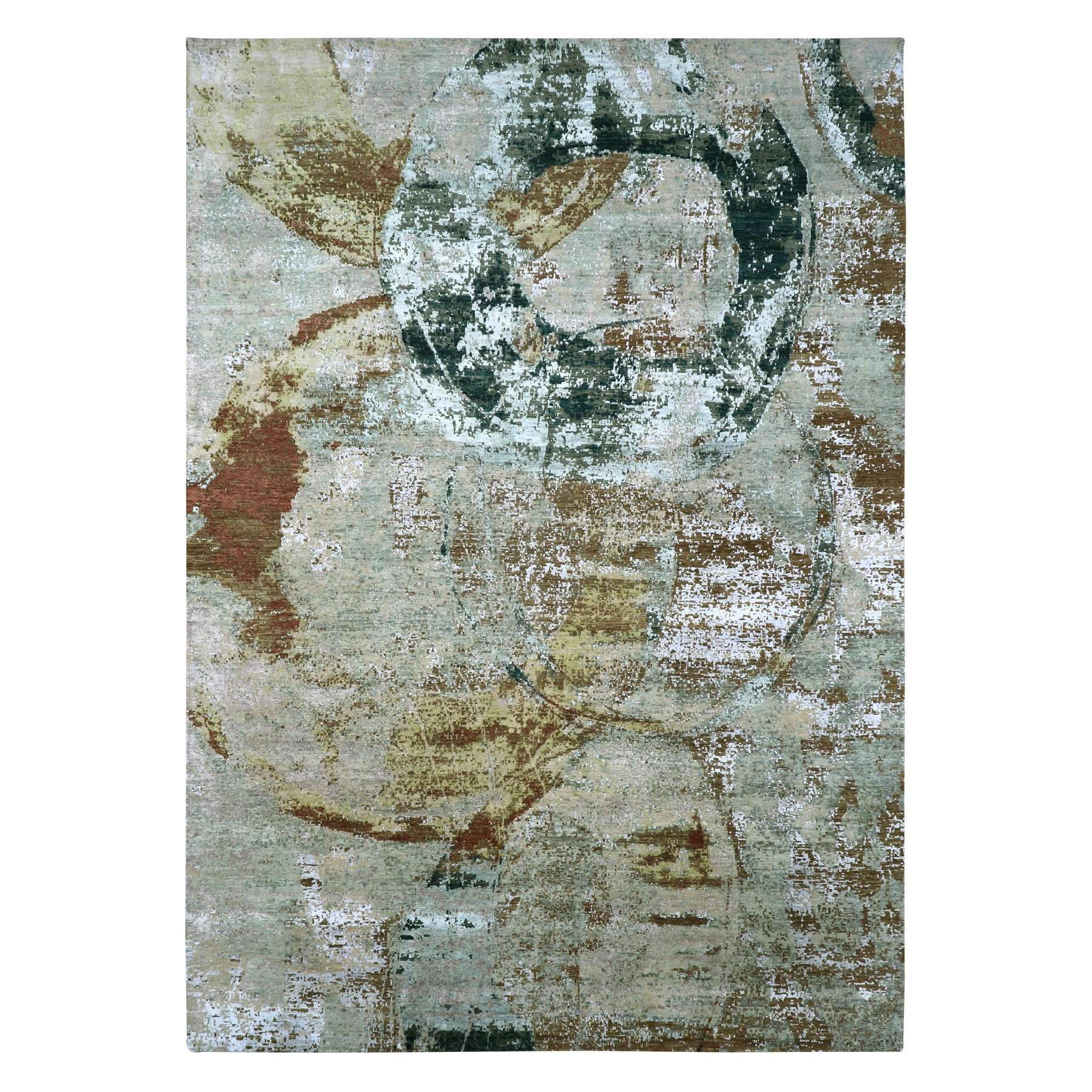 Gray with Brown, Persian Knot, Abstract with Galaxy Design, 100% Wool, Hand Knotted, Densely Woven, Oriental Rug